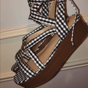 picnic basket print wedge sandals